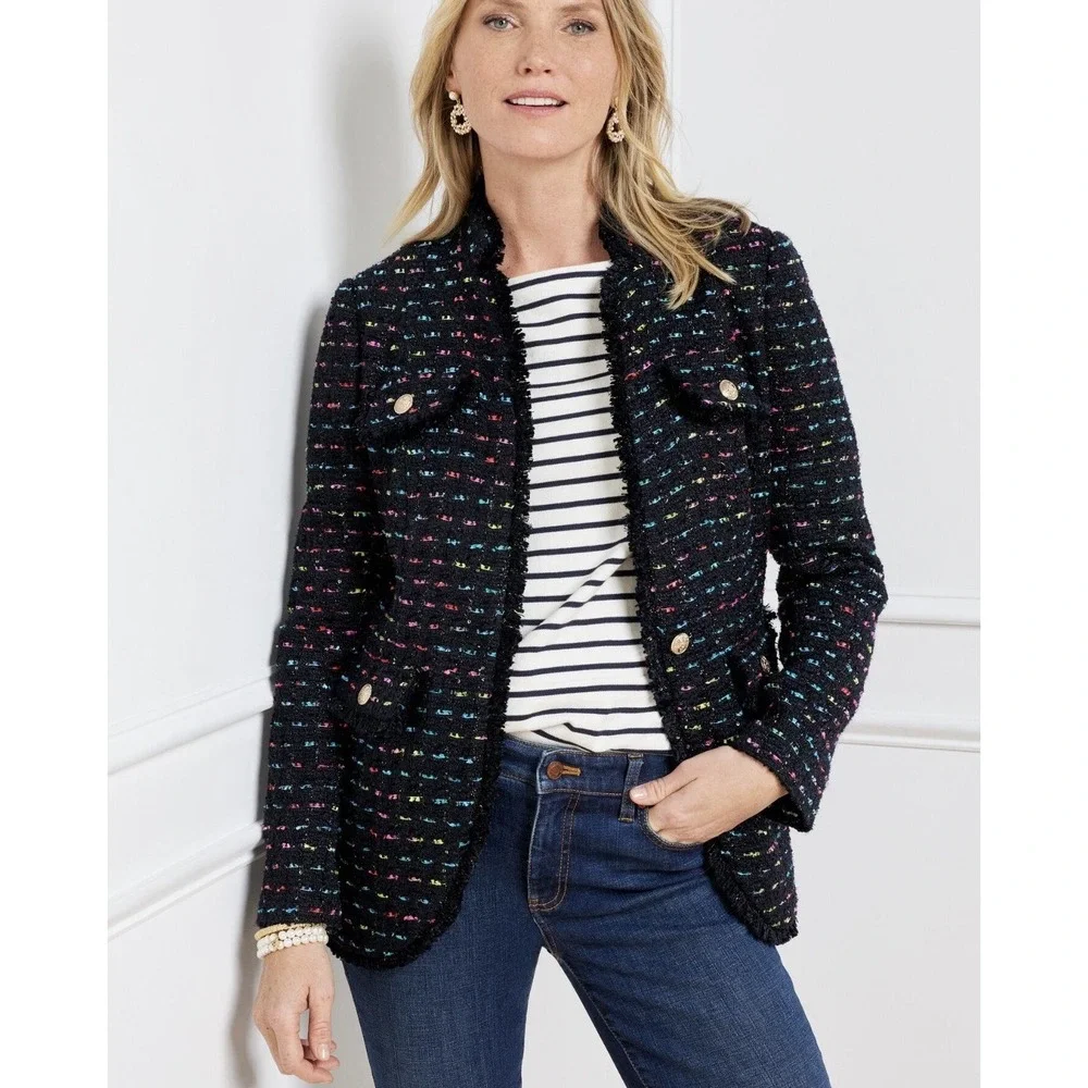 Talbots Sz 10 NAVY TWEED Rainbow Open Jacket Blazer Heavy Gold Career Dress‎